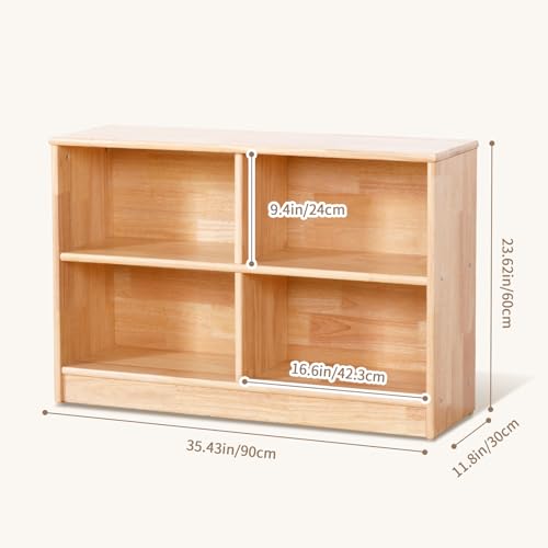 Image of OOOK Rubber Wood 4-Compartment Wooden Storage Cabinet, 35.4 inch L, 2-Tier Toy Organizers and Storage, Montessori Shelf for Kids Room, Playroom, Nursery, Classroom, Kindergarten