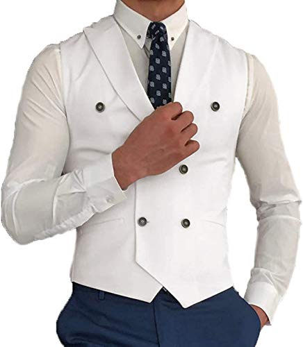 HSLS Colete masculino formal trespassado, trespassado, paletó de lapela, Branco, XG