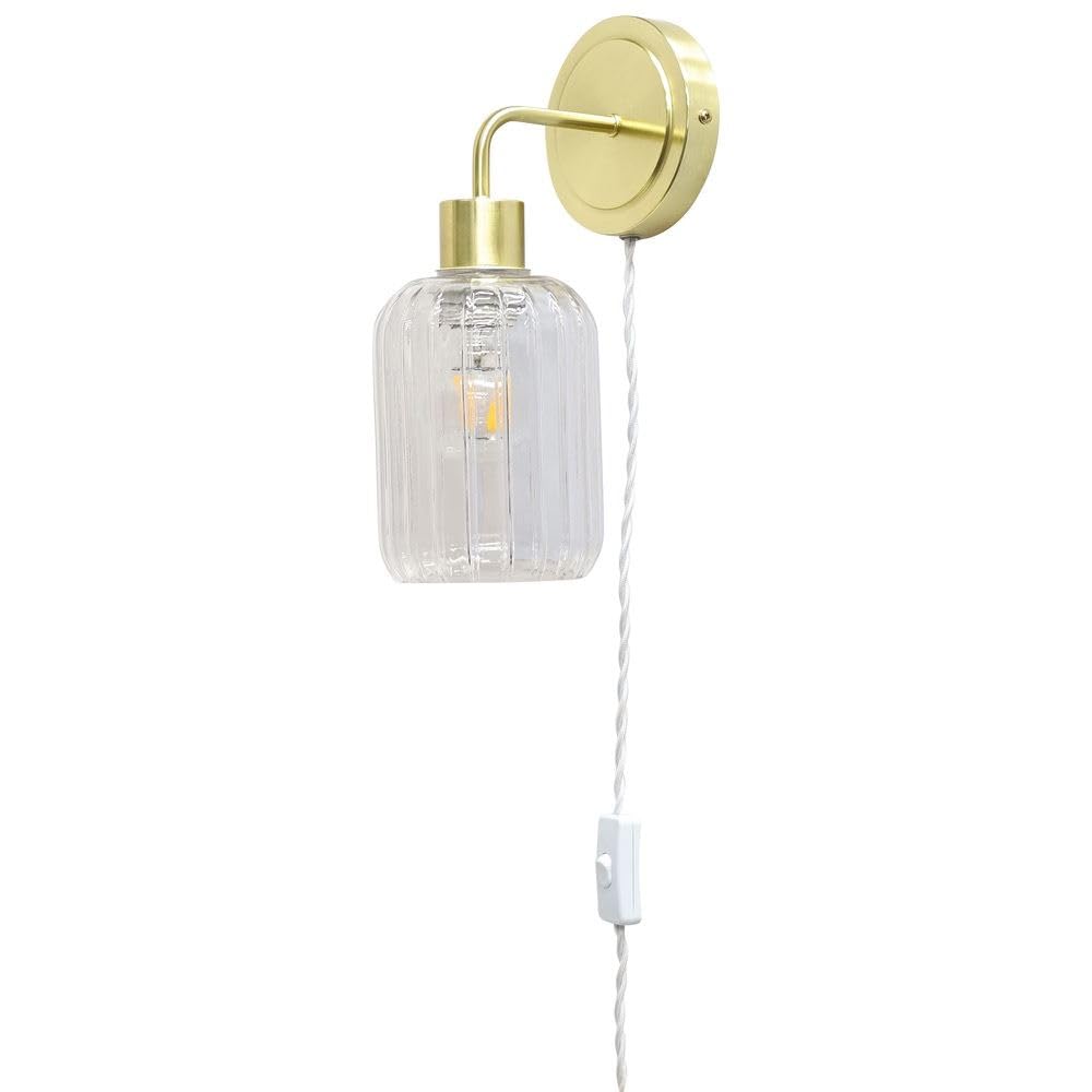 Firstchoicelighting Satin Brass & Clear Satin Brass Plug In Wall Light Or Bedside Reading Lamp With Clear Ribbed Lozenge Glass Shade
