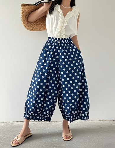 chouyatou Women Polka Dot Printed Wide Leg Cotton Pants Loose Elastic Waist Palazzo Trousers with Pockets2