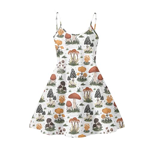 Biyejit Cute Mushroom Print Women's Summer Dresses Sleeveless Flared Swing Cocktail Dress Casual Loose Sundress #TOP10