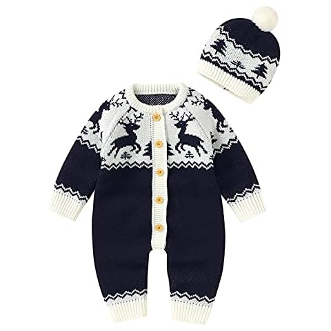 0-18 Months,SO-buts Newborn Baby Girls Boys Cotton Christmas Xmas Deer Knitted Sweater Romper Button Jumpsuit Outfits Hat Set (Blue, 3-6 Months) Cover