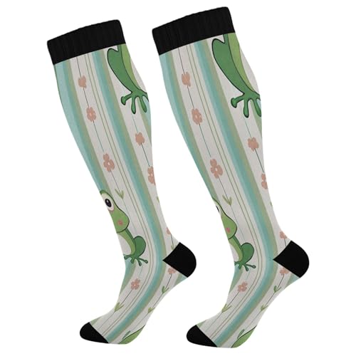 Burbuja Frog Stripes Compression Socks for Women Men (20-30mmHg), Knee High Socks Circulation Support for Sport Running Hiking Nurse, 1 Pair