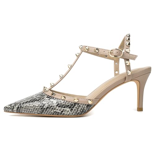 Image of XINIUNIU Studded Heels for Women Kitten Heels with Studs Stiletto Sandals with Rivet Ankle Strap Patent Leather Pointy Toe 2.5 Inch Party Daily Wear Evening Sandals