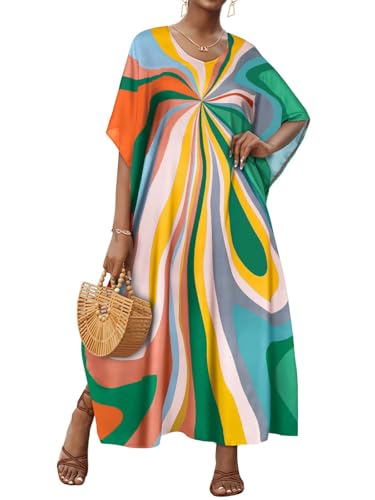 Gosunny Kaftan Damen Strandkleider Sommer Strand Maxikleid mit V Ausschnitt Luftiges Sommerkleid Lange Strandtunika Boho Kleidung Lockere...