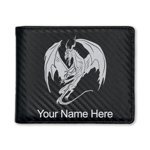 LaserGram Faux Leather Bi-Fold Wallet, Dragon, Personalized Engraving Included (Carbon Fiber Black with Silver)