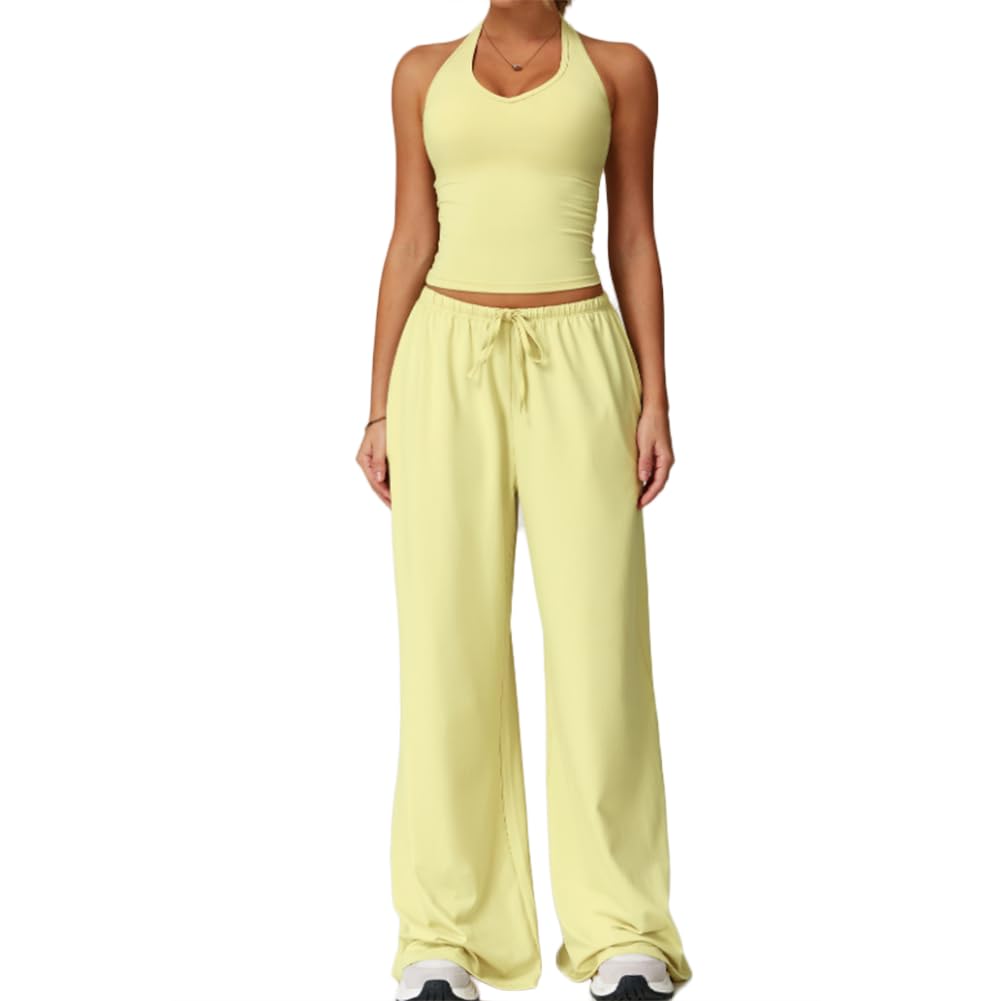 XYFfybhsd Active Wear Sport Woman Flare Pants Gym Fitness Sets 2 Piece Sexy Yoga Outfit Apparel(Size:S,Color:Yellow)