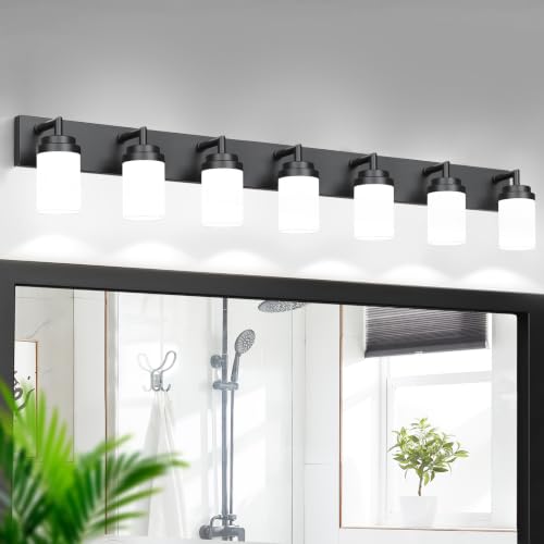 Image of Bathroom Light Fixtures, Matte Black Bathroom Lighting Fixtures Over Mirror, Modern Vanity Light with White Glass Shade, Restroom Lighting Fixtures, 7-Light 54-inch