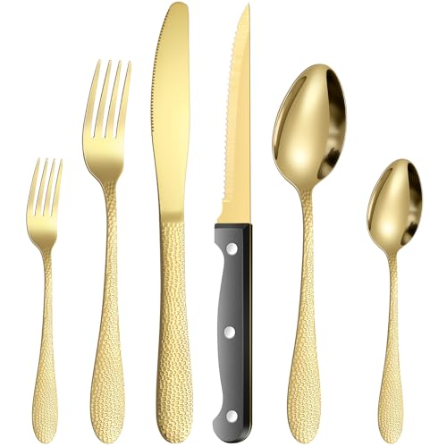Image of Premium 24-Piece Golden Stainless Steel Cutlery Set with Steak Knives (Hammered Gold)
