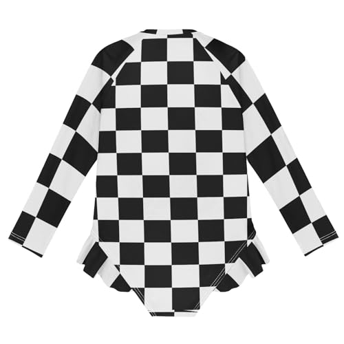 Girls One Piece Swimsuits Long Sleeve Swimsuit Zipper Bathing Suits White Black Buffalo Plaid Checked2