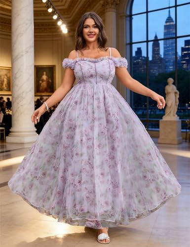 Image of EYWOL Plus Size Formal Wedding Guest Cocktail Party Floral Dress with Slit | Sweetheart, A Line, Midi\Maxi, Tulle, Curvy, Adjustable Straps, Smocked Back, Black Tie, Evening, Gown, Gala, Prom