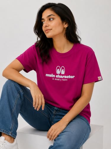 Image of Main Character in Every Room Graphic Print T-Shirt, Hot Pink, Round Neck, Short Sleeve Cotton T-Shirt for Women