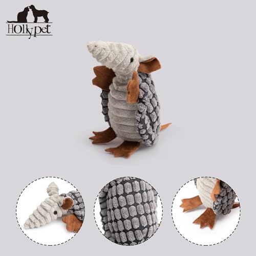 Image of Hollypet Plush Dog Squeaky Toy Stuffed Armadillo Animal Pet Puppy Chew Toys with Clean Teeth for Small Medium Large All Breed Sizes Dogs, Dark Gray, 6 in