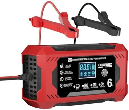 best battery charger for lawn mower that will surprise you with performance 6 Corebox Battery Charger 6-Amp 12V Automatic Smart Battery Trickle Charger, Battery Maintainer Desulfator with Temperature Compensation for Car Truck Motorcycle Lawn Mower Marine
