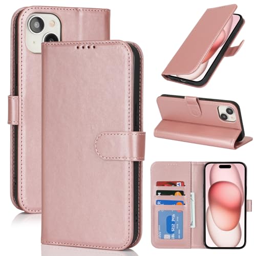 Image of for iPhone 15 Case Wallet with Card Holder,for iPhone 15 Wallet Case for Women Men,PU Leather Shockproof Magnetic Buckle Stand Flip Phone Case-Rose Gold