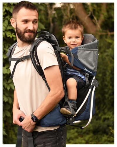 Kraxe Kindertrage Dacony, inklusive einem Paar Fußstützen mit Fersenarretierung, für das Tragen auf dem Rücken- Kindertragerucksack mit Rahmen- bis 25 kg- geeignet für alle Körpergrößen (Deep blue)