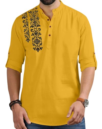 Image of FINIVO FASHION Men's Regular Fit Cotton Blend Kurta Shirt | Full Sleeve Ethnic Shirt with Mandarin Collar and Button Placket | Casual Kurta for Daily and Traditional Use