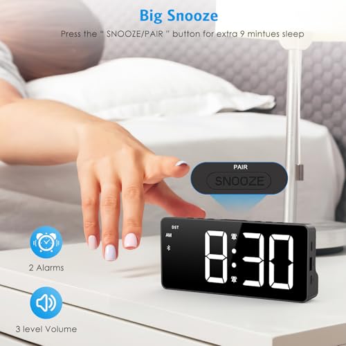 AMIR Alarm Clocks for Bedrooms - Bluetooth Sync Time Alarm Clock, Digital Clock Large Display with USB Charging Port, Dimmable, Adjustable Volume, Snooze, 12/24H, Loud Alarm for Heavy Sleepers - Image 5