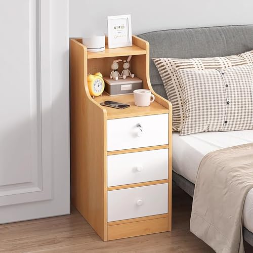 ZJHAHJY Mesita de noche de madera con cajón de bloqueo, mesita de noche estrecha para espacios pequeños, mesa auxiliar moderna con estante de almacenamiento abierto, mesita de noche de madera blanca