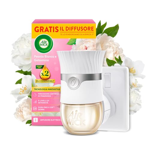 Air Wick Diffusore Elettrico di Oli Essenziali, 1 Diffusore completo gadget, 1 Ricarica per Diffusore Elettrico alla Fragranza Peonia Bianca e Gelsomino