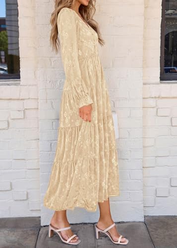 Image of KIRUNDO Spring Wedding Guest Dresses for Women 2026 Maxi Floral Long Sleeve Elegant Ruffle Tiered Flowy Party Long Dress