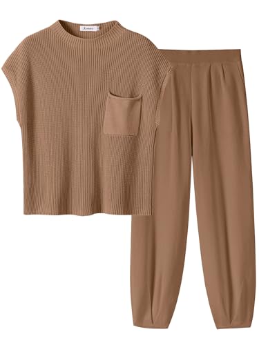 Image of ANRABESS Women's Two Piece Outfits Sweater Sets Knit Pullover Tops and High Waisted Pants Tracksuit Lounge Sets