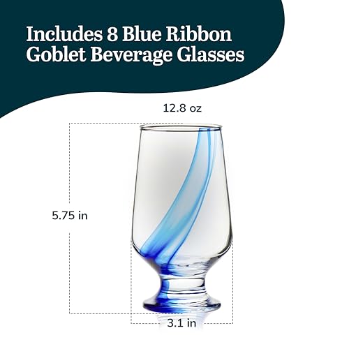Libbey 57226 Blue Ribbon Goblet Glasses, Unique Blue Water Goblets Set Of 8, Thick Stemmed Water Glasses thumb #3