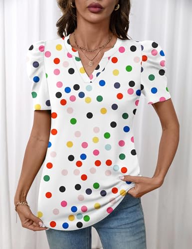 Image of LOMON Spring Summer Tops for Women 2026 V Neck Puff Short Sleeve Tops Fashion Trendy Work Blouses Dressy Casual S-XXL