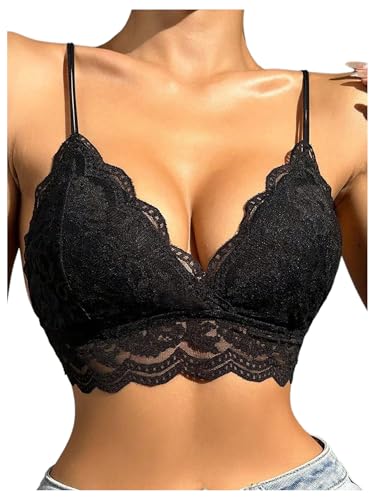 Image of GORGLITTER Women's Wireless Lace Triangle Bras Adjustable Spaghetti Strap High Support Bralettes Everyday Bra Black Medium
