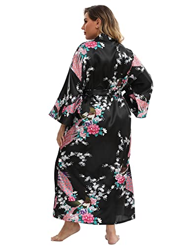 Image of Women's Floral Long Satin Robes Plus Size Long Silk Robes Peacock Floral Kimonos Sleepwear Dressing Gown