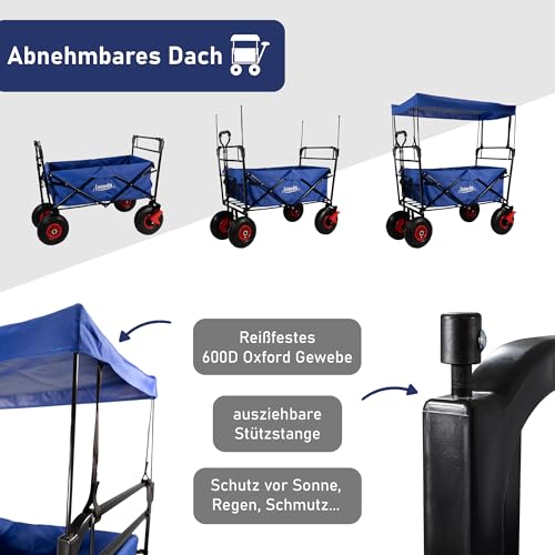 LEMODO Bollerwagen faltbar blau mit Dach, Handwagen mit Luftreifen, Leiterwagen mit 120 kg Tragkraft, Faltbollerwagen mit 2 Bremsen, Transportwagen für Hunde und Utensilien – Bild 3