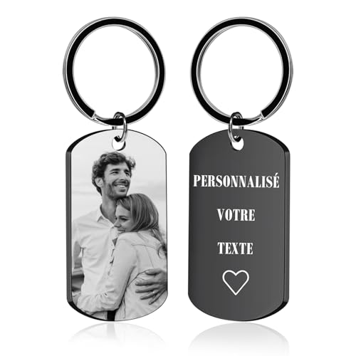 Porte Clef Personnalisable avec Photo - Porte Clé Personnalisé de Gravure Texte et Image Cadeau en Acier Inoxydable pour Homme, Femme, Couple, Amis et Famille (Gris)