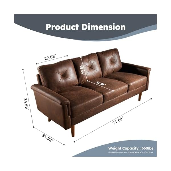 71 mid century modern sofa couchfaux leather 3 seater sofa wkey armrest and comfortable cushionscomfy deep seats sofa modern couch for living room apartment small space dark brown  urban country home decor