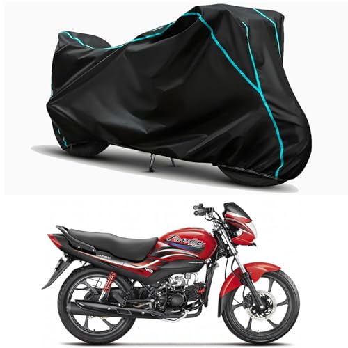 Image of Waterproof Bike Body Cover Compatible for | Hero Passion Pro | Taffeta Fabric, Sky Piping Design, Bottom Elastic Fit | Dustproof, Sun UV & Rain Protection for All Weather.