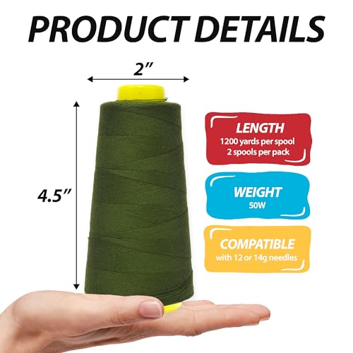 Image of Mandala Crafts Olive Green Thread Cones for Machine and Hand Quilting - 2400 Yds 50 WT Multiple Purpose Mercerized 100% Cotton Threads for Sewing Machine Serger Embroidery
