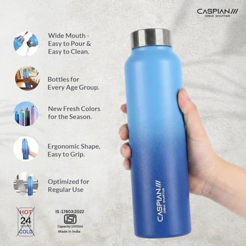 Image of CASPIAN / / / Astra ISI Certified Stainless Steel Water Bottle 1ltr. (M Blue, 1 Litre, Set of 3) | Leak Proof Thunder for Fridge Home Office Travel School Kids Boys Girls Adults Sports Gym Yoga|BPA Free