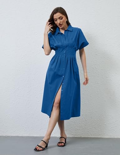 Image of Women Striped Button Down Shirt Maxi Dresses Summer Pleated Short Sleeve Collar Casual Corset Long Dress
