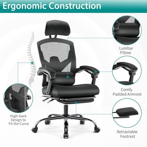 DUMOS Home Office Desk Chair with Footrest, High-Back Mesh Rolling Swivel Reclining Chairs with Wheels, Comfortable Headrest, Lumbar Support, Comfy Arms for Home, Office, Gaming, Student, Inky - Thumbnail 4