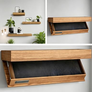 Mensola Scomparto Segreto, Mensola Galleggiante con Cassetto Nascosto a Scomparsa, Scaffale a Muro Svuotatasche in Legno Moderno per Casa, Ufficio, Camera e Ingresso (40cm)