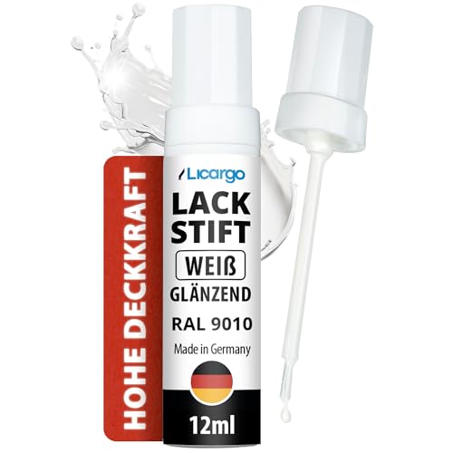 LICARGO Lackstift Weiß Glänzend 12ml – Perfekte Deckkraft und schnelle Trocknung - Professionelle Ergebnisse für Steinschläge - Weißer Lackstift Auto, Autolack Weiß, Emaille Reparaturset