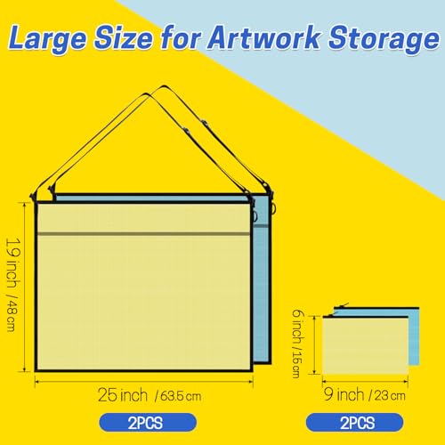 Image of 2 Pcs Art Portfolio Bag, 19x25 Inches Artwork Storage Case with Handle and Zipper, Large Clear Waterproof Poster Storage Bag for Posters Artwork Bulletin Board (Yellow and Blue)