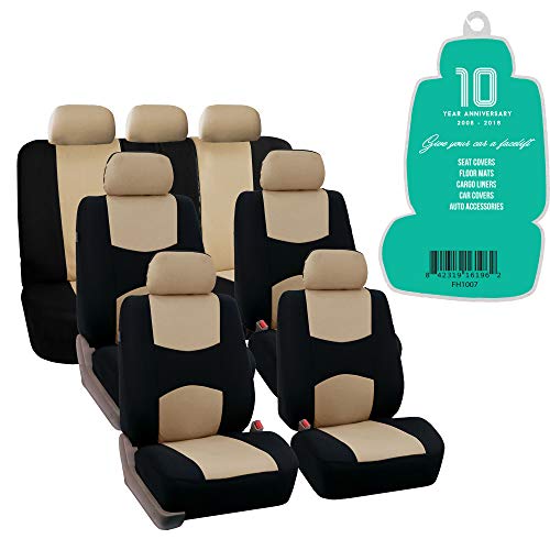 FH Group Three Row Automotive Seat Covers Universal Fit Multifunctional Flat Beige Car Accessories Seat Cover, Airbag and Split Rear Set Car Seat Cover Interior Accessories for Cars Trucks SUV