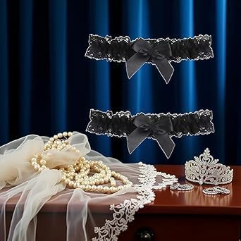 2pc Black Garter Belt with Bowknot, Bridal for Bride Classic Handmade Stretch Toss Party Accessories for Women Girls