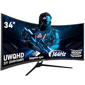 34 Inch Ultrawide Curved 144Hz Gaming Computer Monitor 1500R PC Screen 21:9 UWQHD (3440×1440),Adaptive Sync,178° Viewing Angle,HDMI、Display Port,Compatible with Wall mounting – Black
