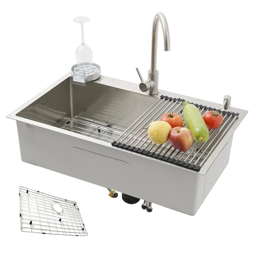 KOOGIMDDR 85x50 Fregadero de cocina SUS304 de acero inoxidable, fregadero multifuncional de cocina hecho a mano, con rejilla de fondo, gran fregadero de cocina con una cubeta, con grifo y varios