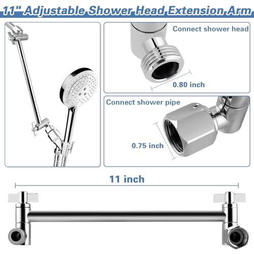 Rain Shower Head Extension 12 Inch Adjustable Rain Shower Head Extension Arm Stainless Steel Shower Head Holder G1/2 Universal Connector Compatible (Chrome Finish)