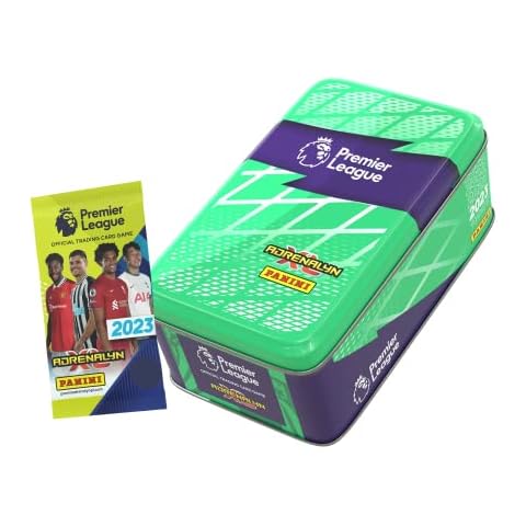 Adrenalyn XL Football Cards Tin - Panini Premier League Football 2022/2023 Official Trading Mega Tin w/ 1x Free Starter Pack Card - Panini Premier League 2023 Football Gifts For Boys Men Girls (Green) Cover