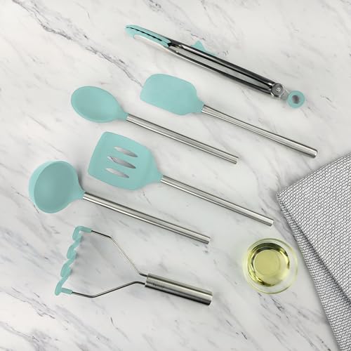 Image of Tovolo Silicone Cooking Utensil Set of 6 Stainless Steel Handle Ladle Slotted Turner Tongs Flex Core Spatula Scraper Mixing Spoon & Masher, Dishwasher Safe BPA Free Utensils, Aqua Seafoam Green