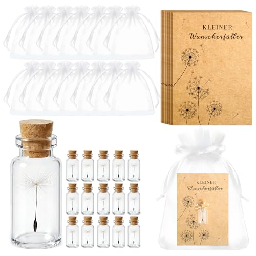 Giftota 15 Set Wunscherfüller Glücksbringer Echte Pusteblumen im Glas mit Grußkarte Mullbeutel und Hanfseil Perfekte Dankeschön Geschenke für Frauen zum Geburtstag Hochzeit und Jubiläum