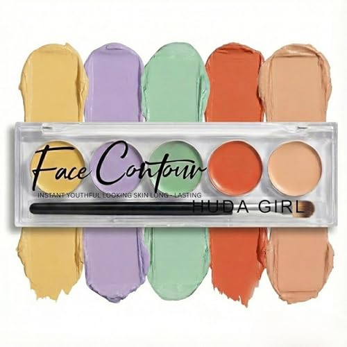 HUDA GIRL Natural 5-Shades 3in1 Contour, Highlighter and Concealer Palette with Brush, 24Hrs Waterproof Formula with Orange for Dark Circles, Oil Control for Face Makeup Kit for Women